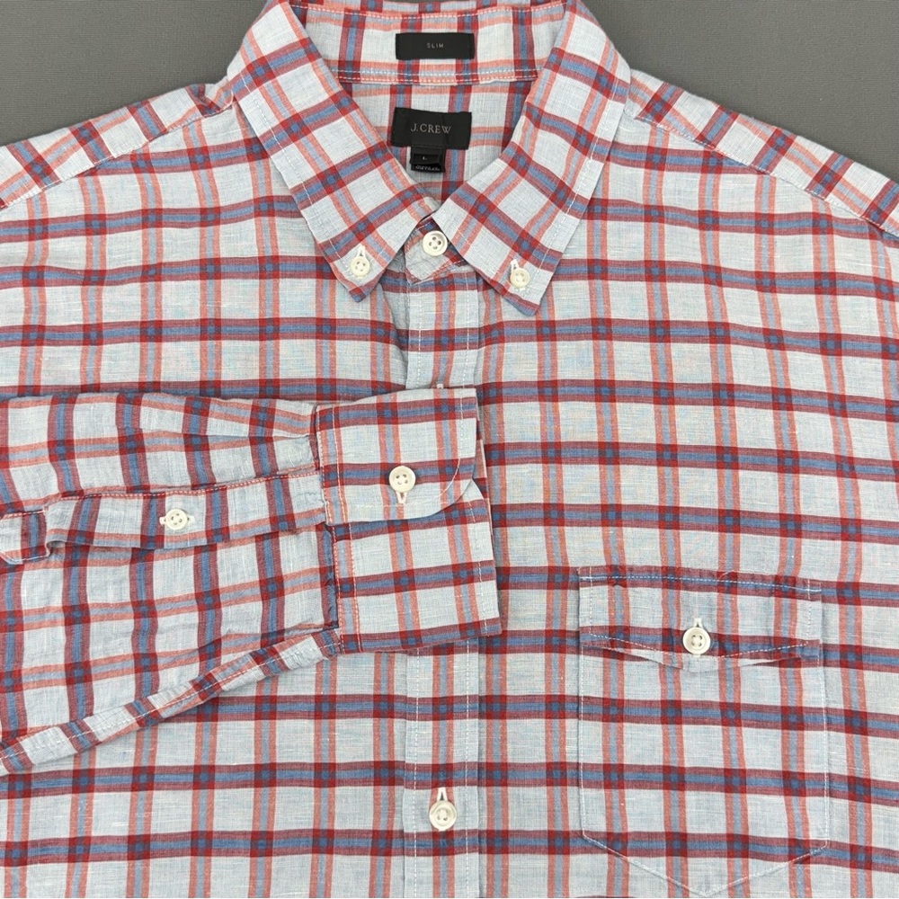 J. Crew Men's Red/Gray/White Plaid Shirt Long Sleeve Size L